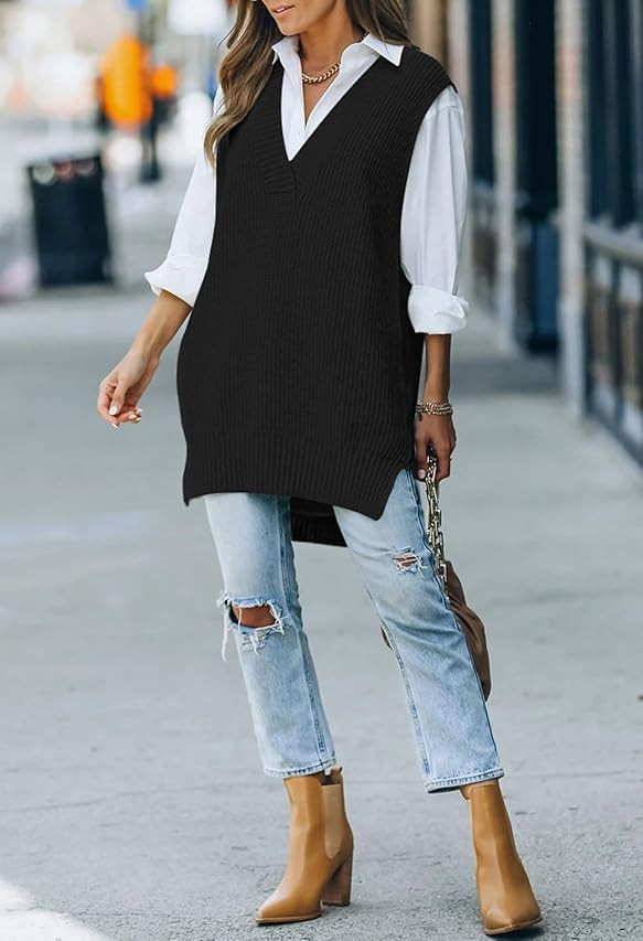 Viottiset Women's Oversized V Neck Knit Sweater Vest Tunic Sleeveless Pullover Top | Amazon (US)
