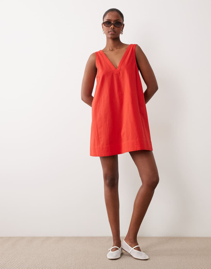 ASOS DESIGN cotton linen v neck smock mini dress in poppy red - RED | ASOS (Global)