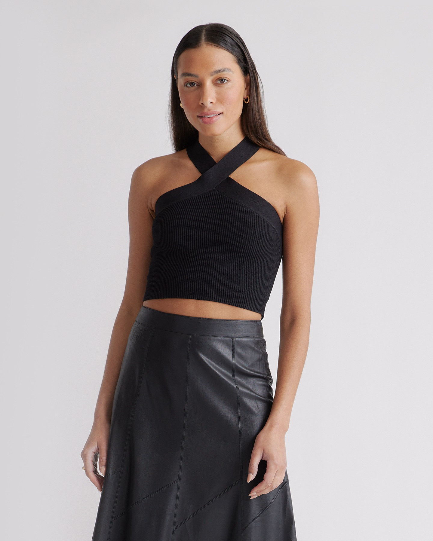 Quince | Women's Cropped Halter Ribbed Knit Tank Top in Black, Size XS, Recycled nylon/polyester/spandex | Quince