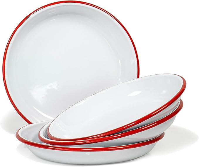 Red Co. Set of 4 Enamelware Metal 10” Round Camping Plates, Solid White/Red Rim | Amazon (US)