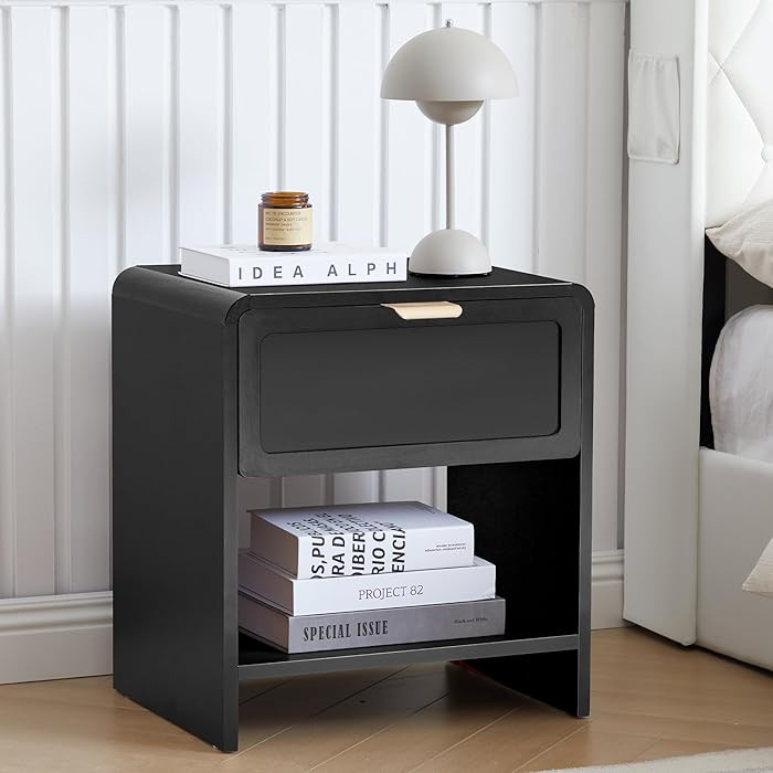 LEVNARY Nightstand with Charging Station, Mid-Century Modern Bedside Table with Curved Top Corner... | Amazon (US)