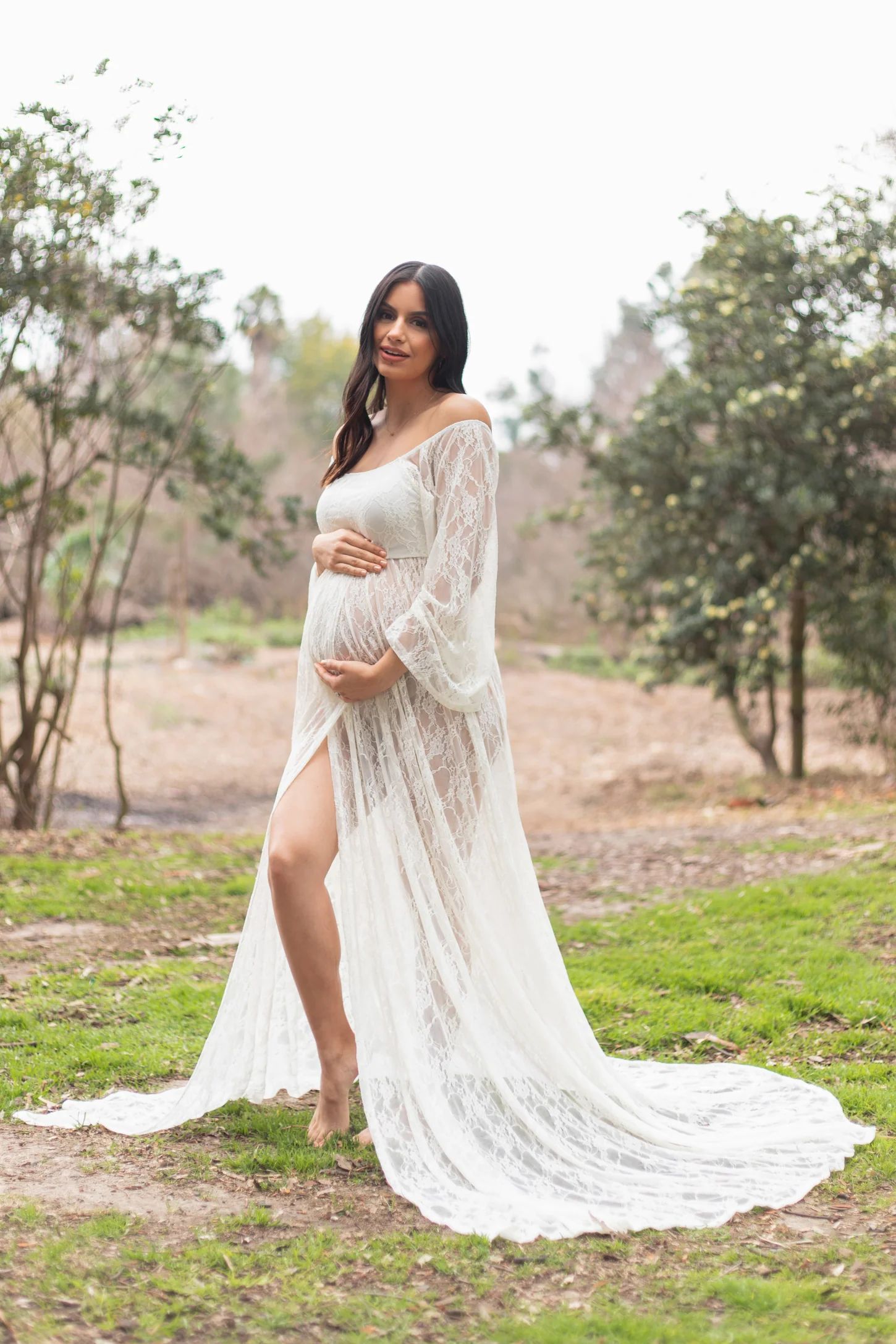 PinkBlush White Lace Off Shoulder Maternity Photoshoot Gown/Dress | PinkBlush Maternity