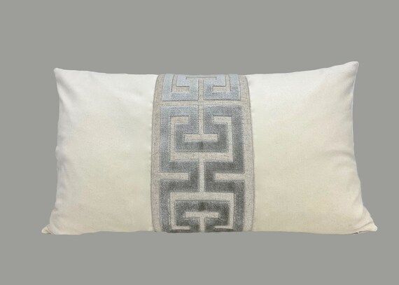 Off White Velvet Lumbar Pillow Cover With Large Greek Key Trim | Etsy | Etsy (US)