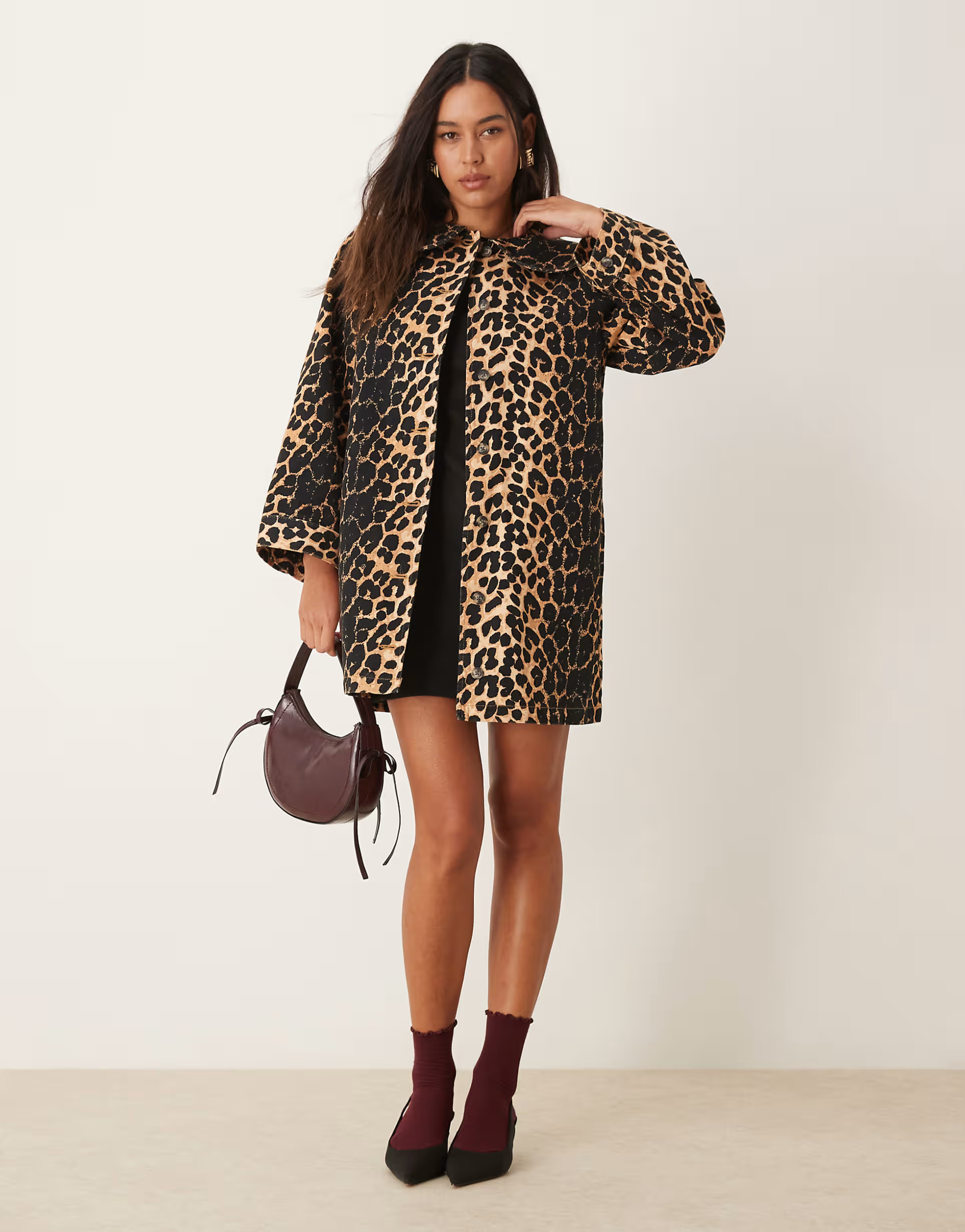 ASOS DESIGN denim collar coat in leopard print | ASOS (Global)