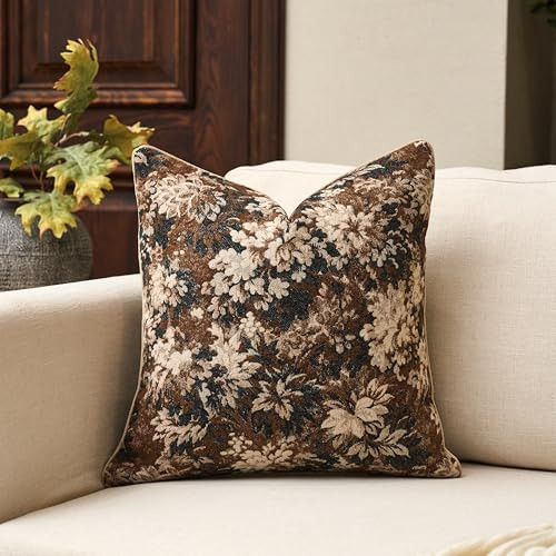 Yangest Neutral Floral Pillow Cover 24 x 24 Inches, Vintage Chenille Square Throw Pillow Cover Soft Decorative Farmhouse Accent Couch Pillow Cover for Living Room Bedroom, Coffee Brown | Amazon (US)