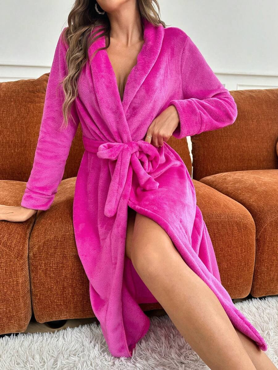 Solid Belted Flannel Robe | SHEIN