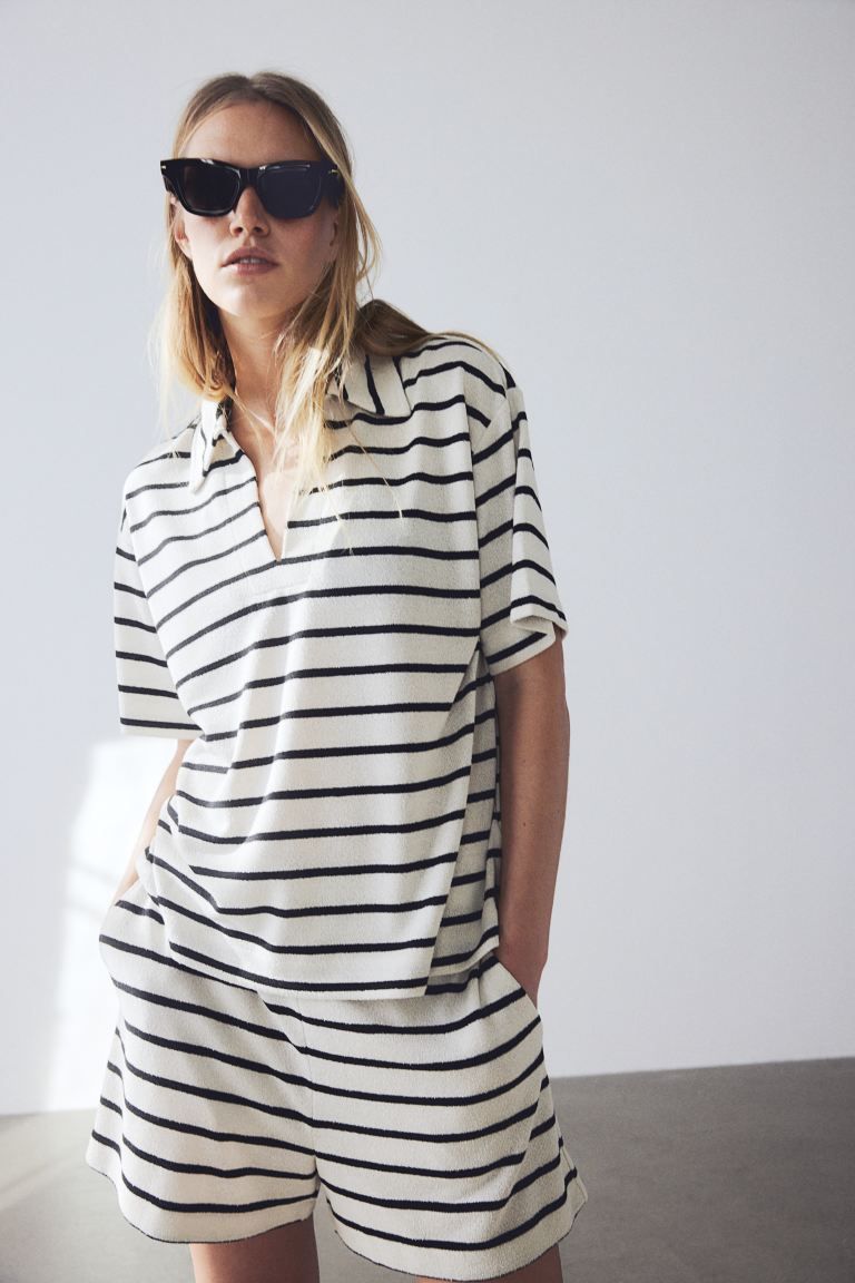 Top with Collar - Cream/black striped - Ladies | H&M US | H&M (US + CA)