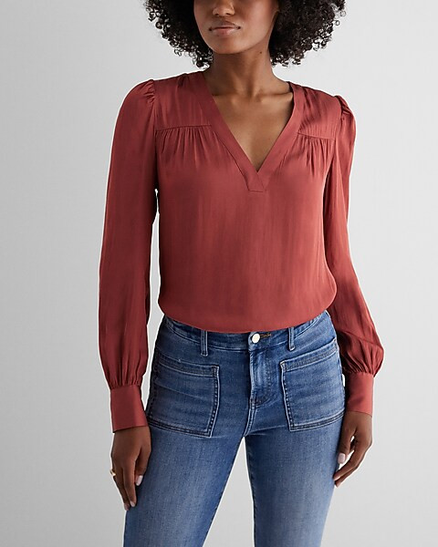 Satin V-Neck Cuff Sleeve Top | Express