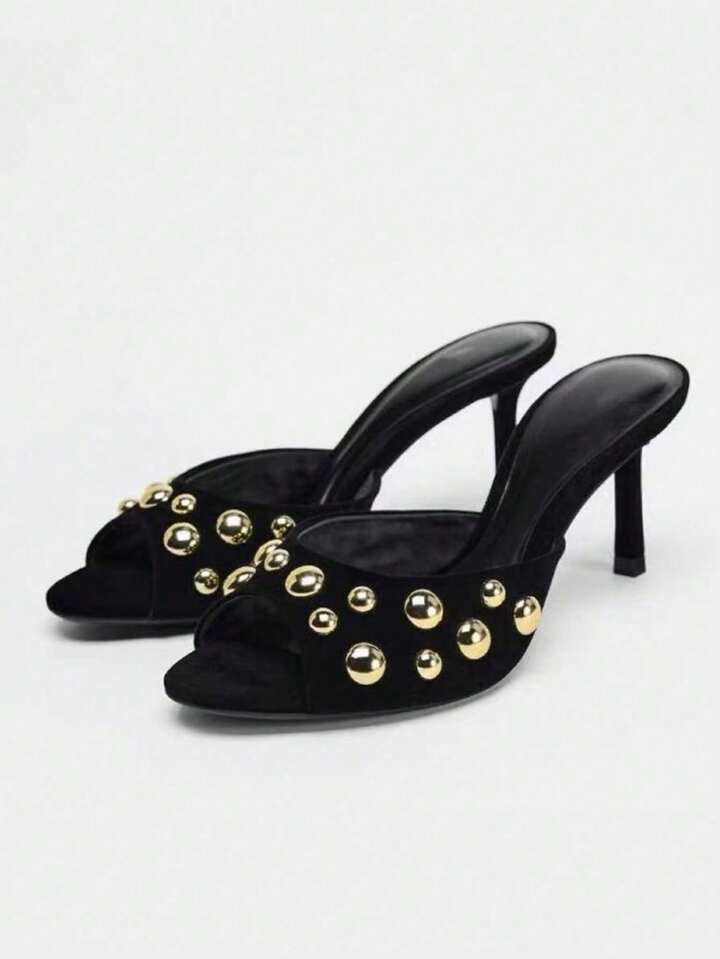 Black Rivet Decor High Heel Sandals, Women 2025 New Fashion Elegant Versatile Stiletto Slip-On Mules | SHEIN