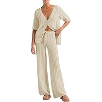 Imily Bela Women's Summer 2 Piece Swimsuit Cover Up Crochet Knit Cardigan Tops Long Pants Set Bat... | Amazon (US)