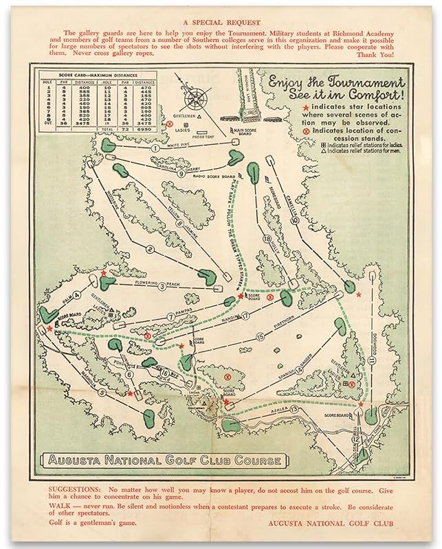 Vintage Augusta National Golf Club Course Map 1954 Art Print - Retro Map Vintage Decor, Golfing S... | Amazon (US)