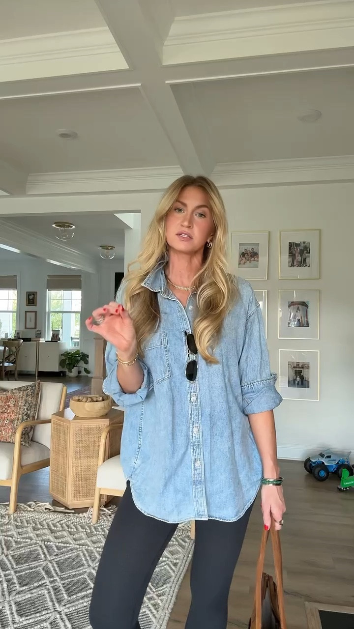 Errand outfit! 
Oversized denim top: runs oversized, color is ‘bleu bellini please’ wearing a S
Black leggings: run TTS
Bag: color ‘whiskey'

#LTKSeasonal #LTKBeauty #LTKStyleTip