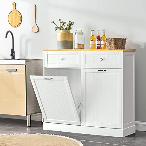 GAZHOME Kitchen Trash Cabinet Double Tilt Out Freestanding Trash Cabinet with Drawer,Kitchen Wood... | Amazon (US)