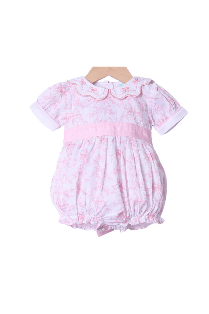 Embroidered Pink Floral Bow Bubble | The Smocked Flamingo