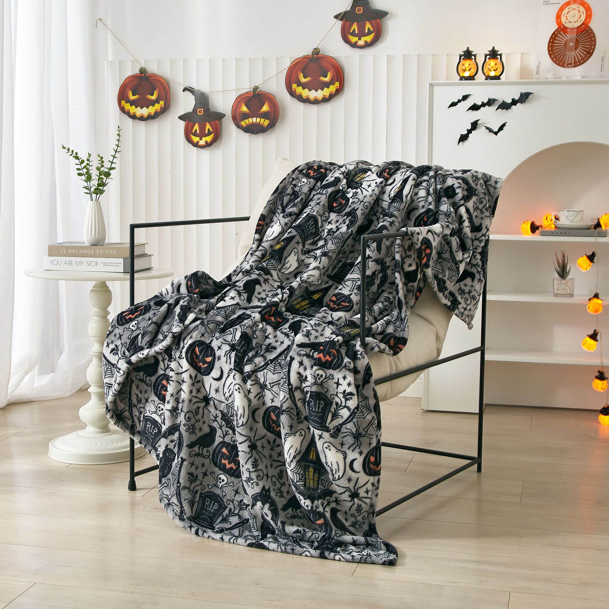 Way To Celebrate 50"x60" Black and Grey Haunted House Plush Throw | Walmart (US)