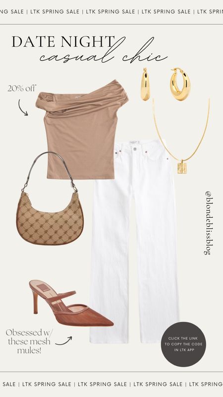 What to wear: on a date 🤍 Casual chic outfit to wear on a spring date night! Off the shoulder top paired with white denim, mesh mules, gold accessories and a shoulder bag for a stylish, neutral spring outfit. These pieces are sure to be closet staples! 

#LTKfindsunder100 #LTKsalealert #LTKSpringSale