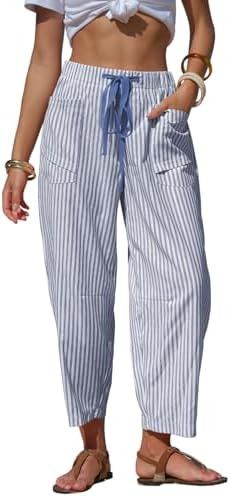 EXLURA Womens Faux Linen Striped Barrel Pants Comfy Drawstring Capri Pant with Pockets Summer Bea... | Amazon (US)