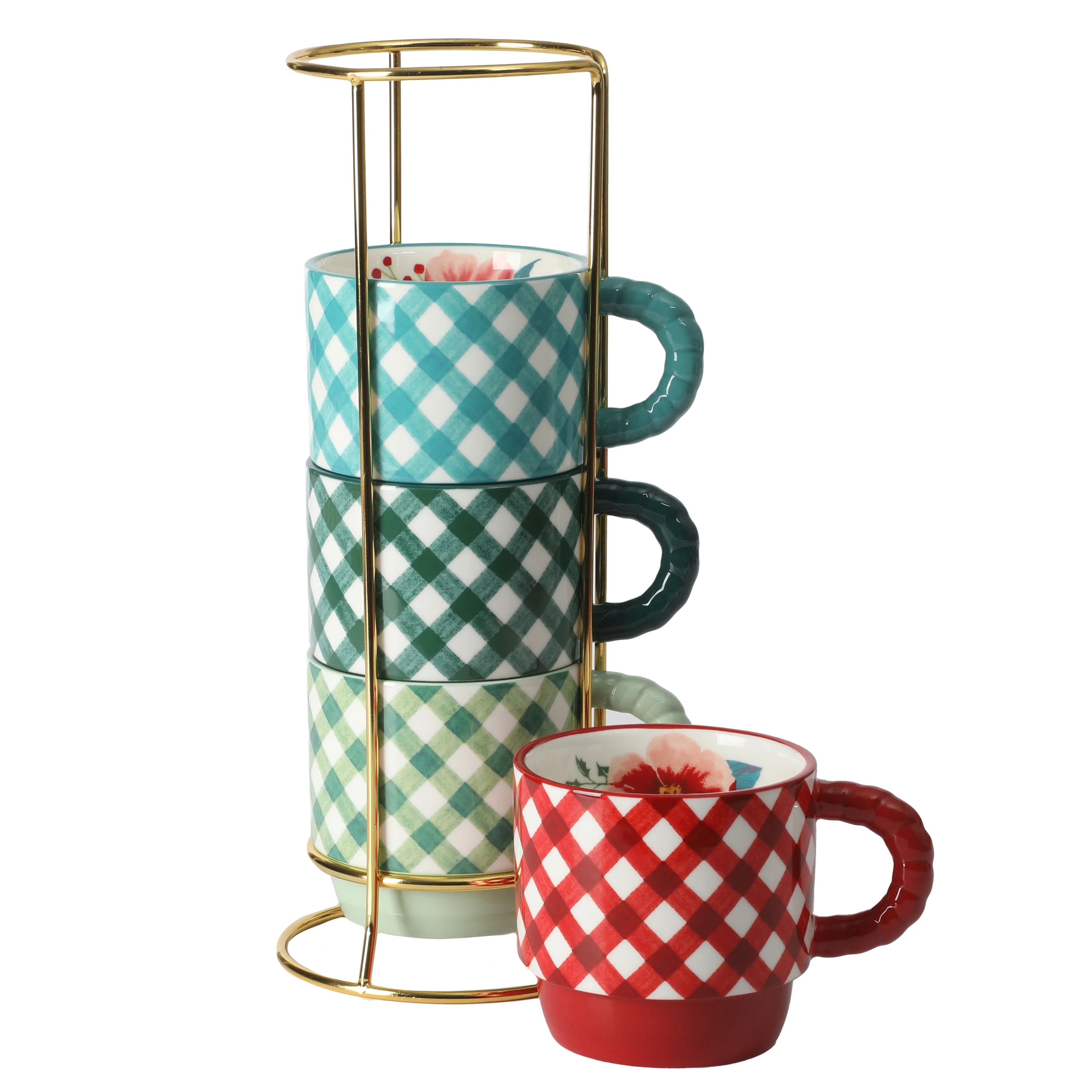 The Pioneer Woman Merry Meadow Gingham 5-Piece 12.5oz Stoneware Stacking Mugs with Rack | Walmart (US)