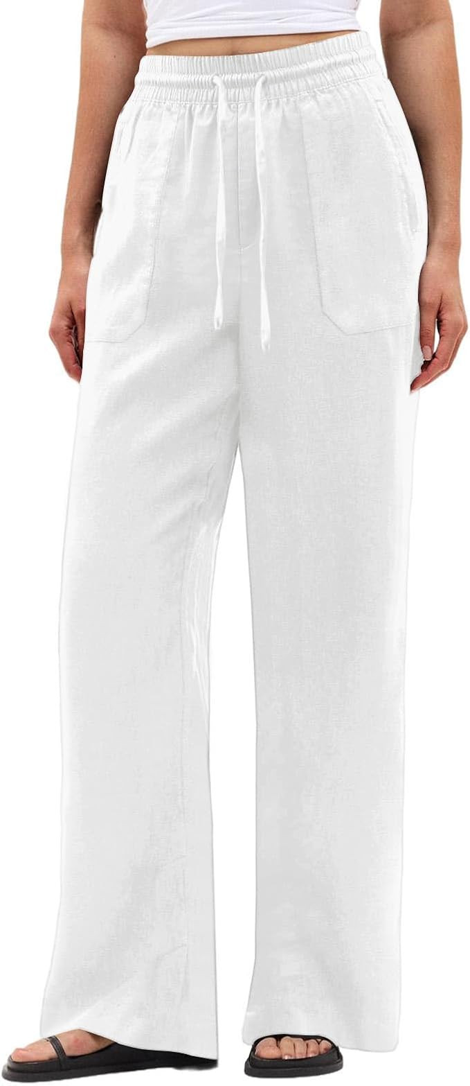 SEMARO Wide Leg Palazzo Pants for Women Casual Drawstring Flowy Beach Linen Trousers with Pockets... | Amazon (US)