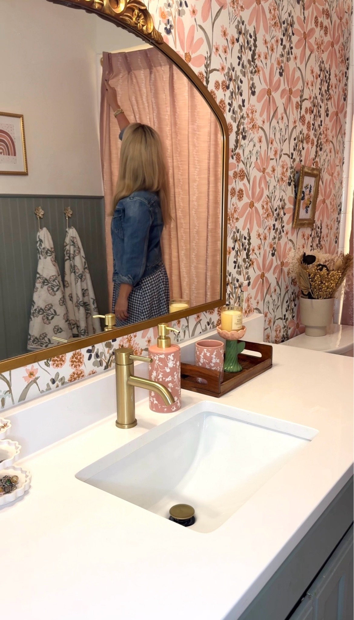 Girl bathroom ideas… custom shower curtain, floral wallpaper, pink checked bath mat, good mirror, bathroom light, brushed gold bathroom faucet

#LTKHome #LTKSaleAlert #LTKKids