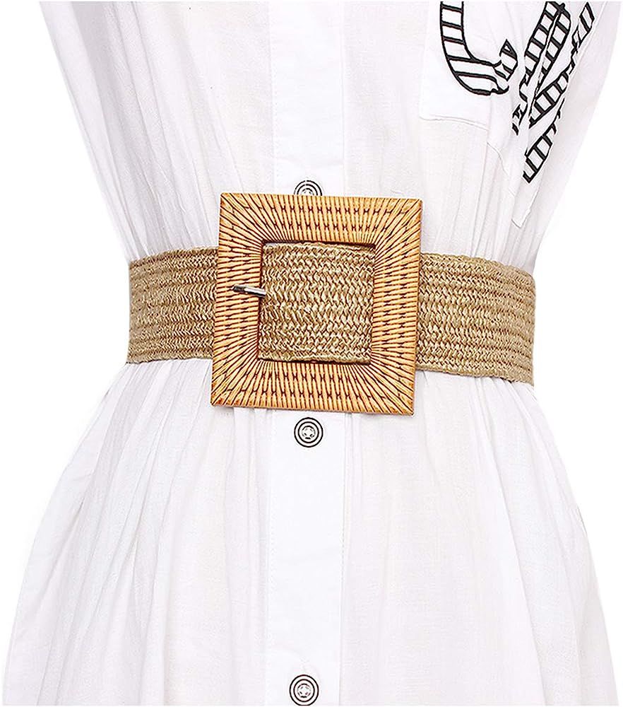Women Skinny Dress Belt, Fashion Straw Woven Elastic Stretch Waist Band Wood Buckle Belt | Amazon (US)