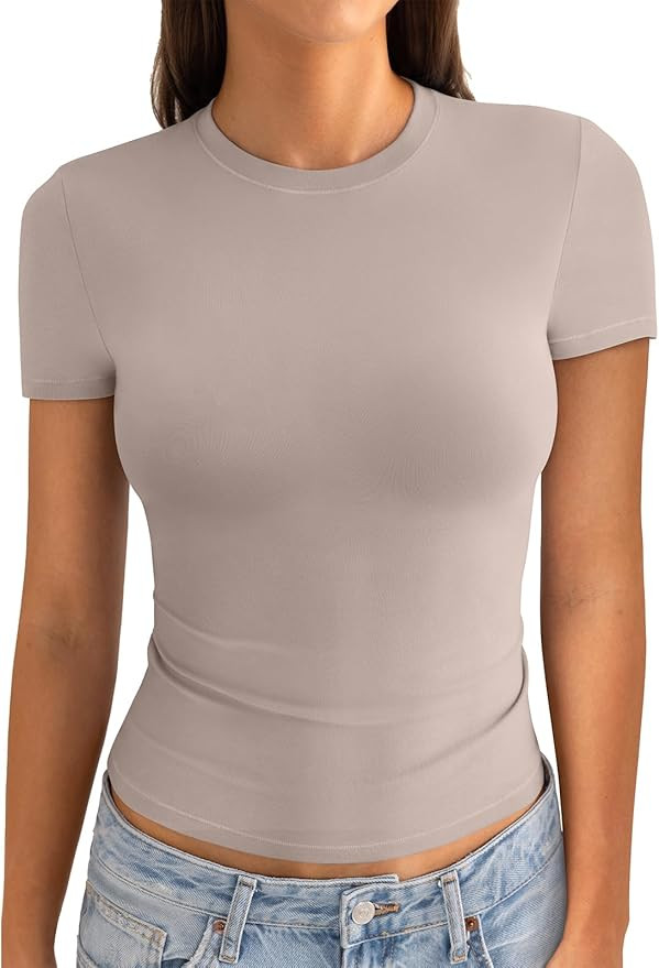 Womens Cotton Crew Neck Short Sleeve Shirts Summer Top Trendy Fitted Crop Tops Basic Going Out Te... | Amazon (US)