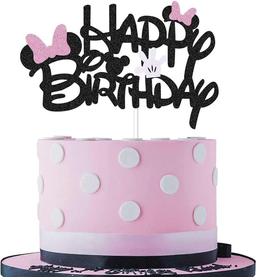 Amazon.com: Pink And Gold Glitter Minnie Inspired Happy Birthday Cake Topper with Pink Bows and W... | Amazon (US)