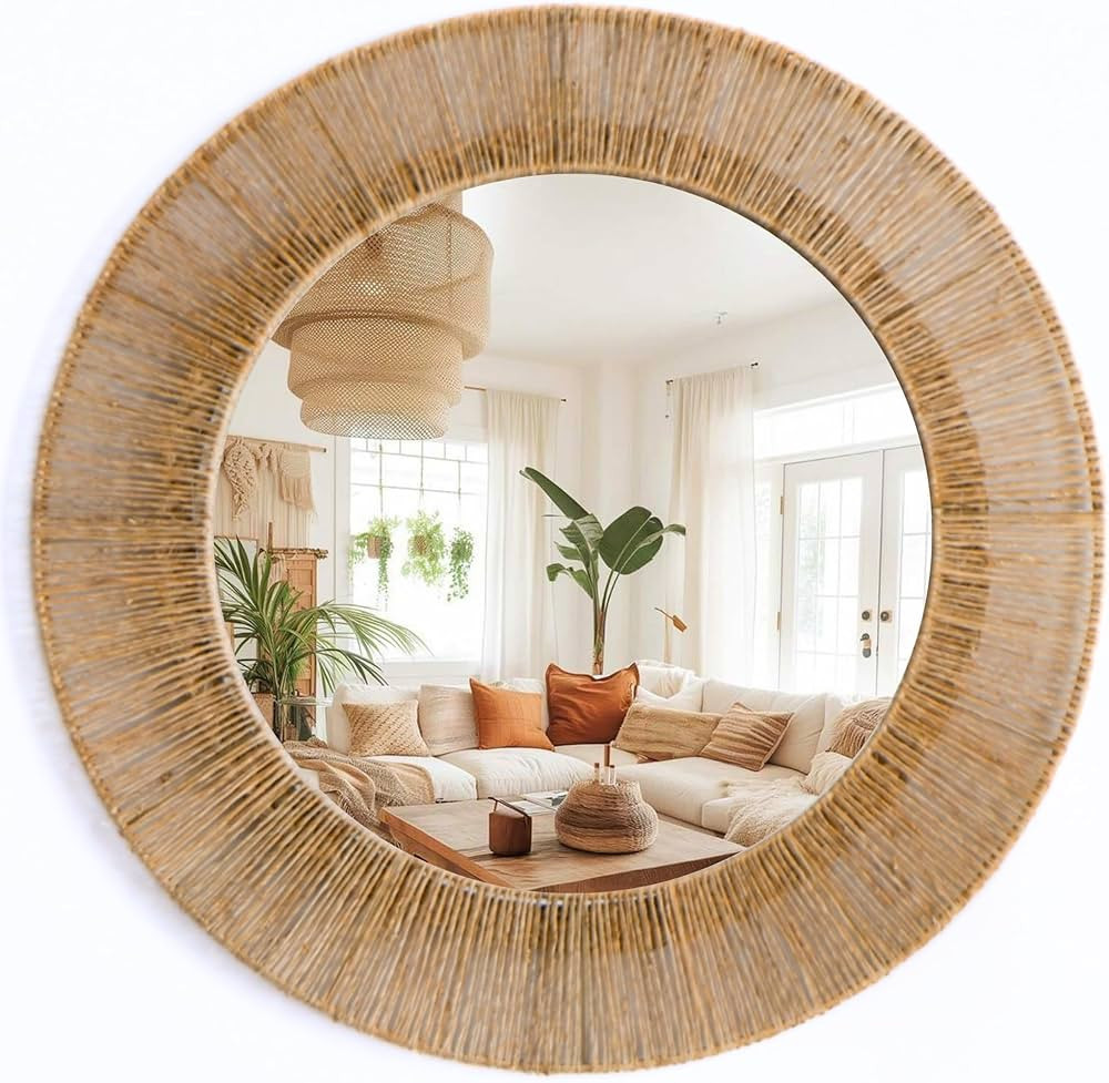 24 Inch Jute Mirror, Large Coastal Boho Round Mirror with Rustic Natural Jute Frame, Farmhouse Wa... | Amazon (US)