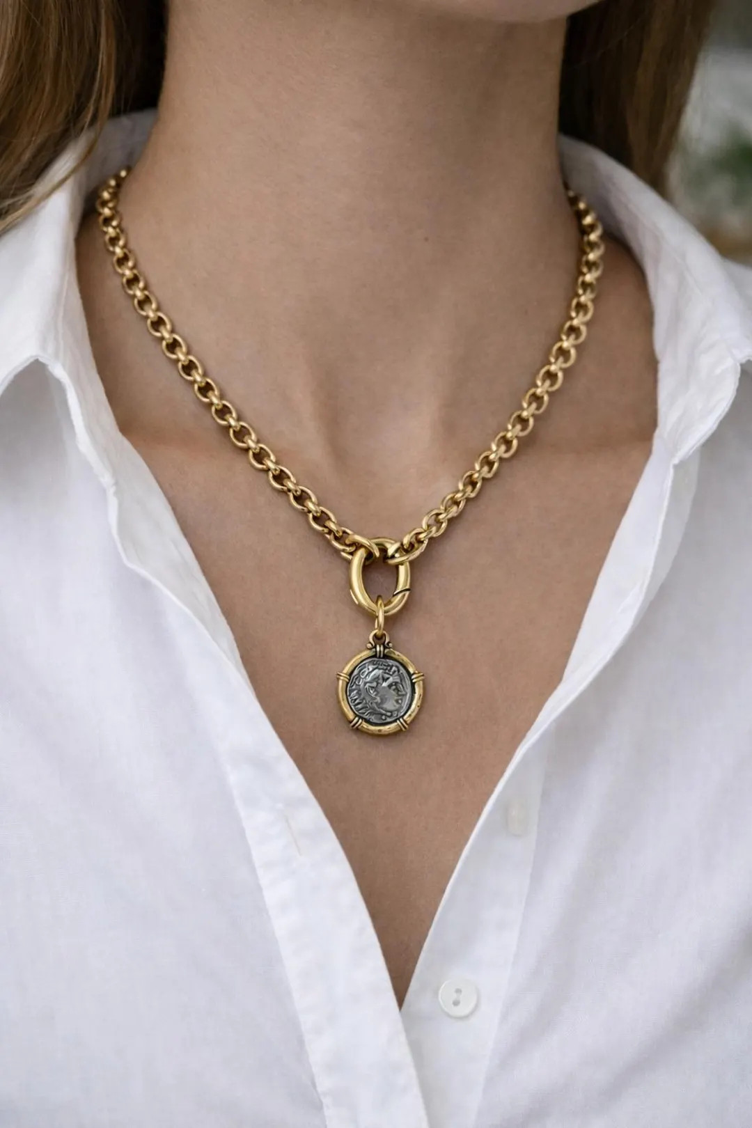 Gold Cable Chain Necklace: Roman Coin Pendant, Mixed Metals Statement Necklace - Etsy | Etsy (Global)