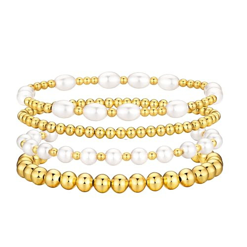 BRAYEG 14k Plated Gold Beaded Pearl Bracelets stack, Gold Bracelets Non Tarnish Gold Pearl Bracelets Stretch for Women Bead Ball Bracelet Jewelry Gifts | Amazon (US)