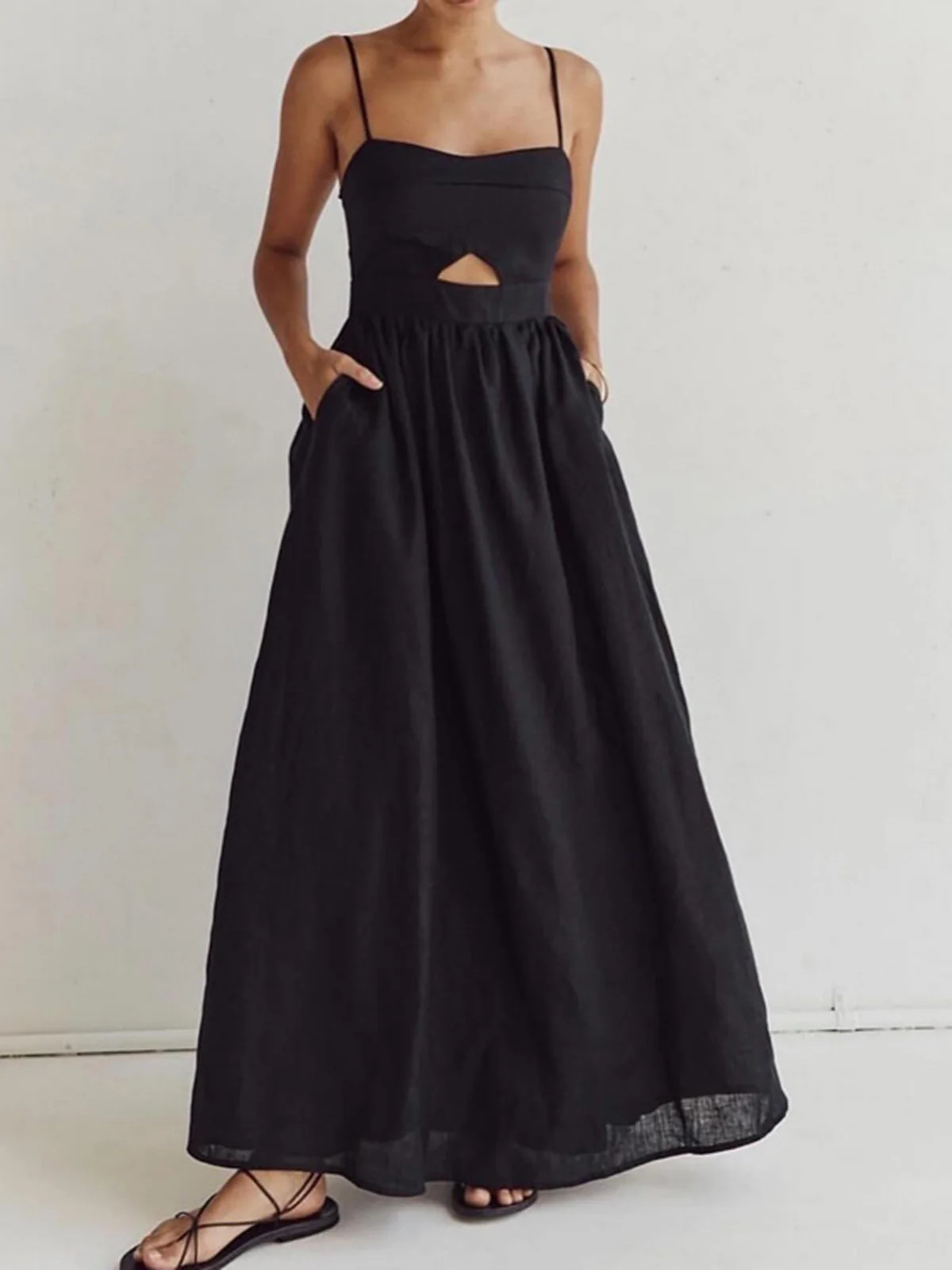 Cotton Sleeveless Pockets Cutout Long Dress | Commense