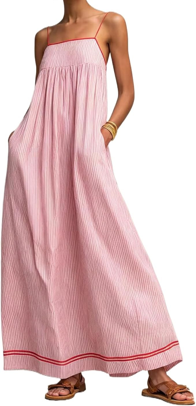 Womens Adjustable Spaghetti Strap Striped Maxi Dress Smocked Bust Flowy Long Sundress with Side P... | Amazon (US)