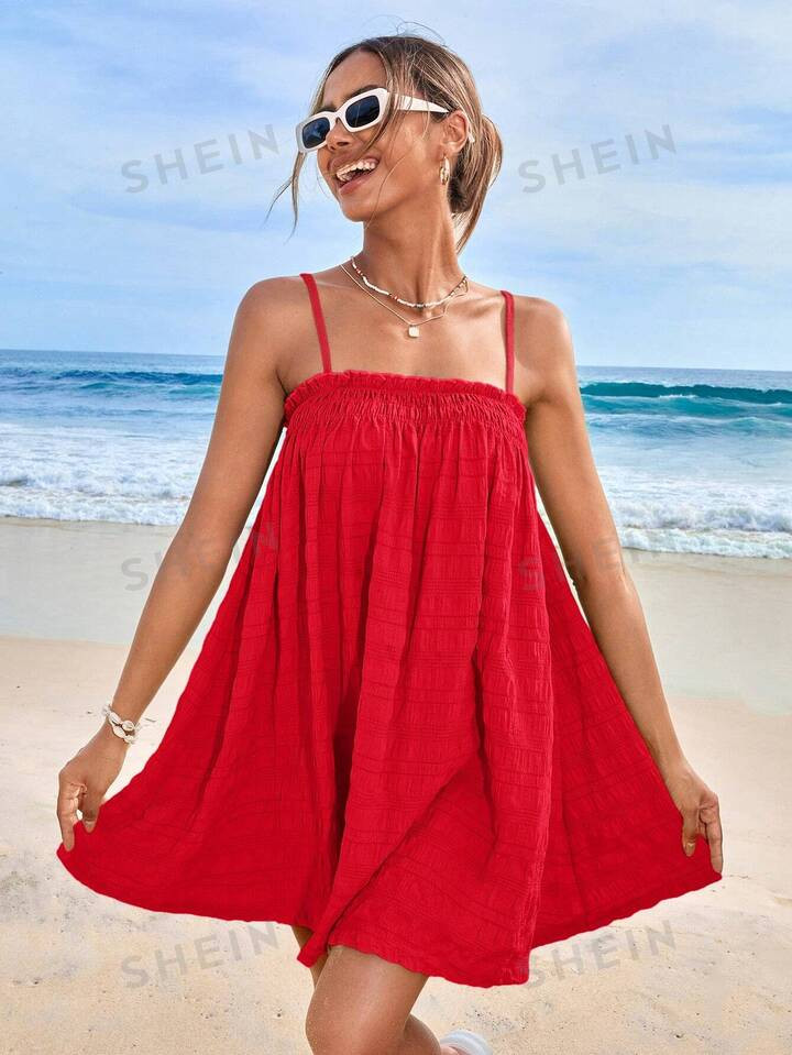 SHEIN WYWH Ladies' Solid Color Spaghetti Strap Dress With Frill Edges | SHEIN