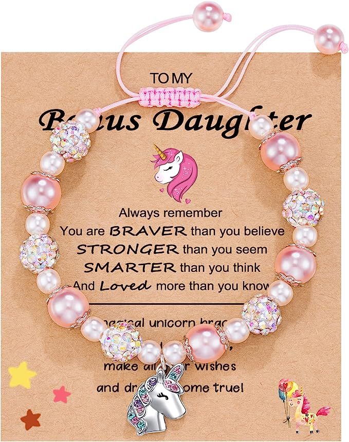HGDEER Little Girls Unicorn Bracelet for Daughter/Granddaughter/Niece | Pink Pearl and Rhinestone... | Amazon (US)