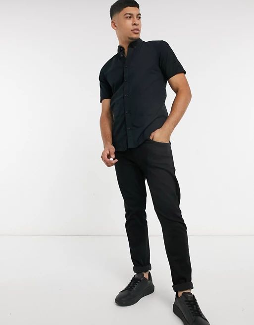 Only & Sons short sleeve stretch cotton shirt in black | ASOS (Global)