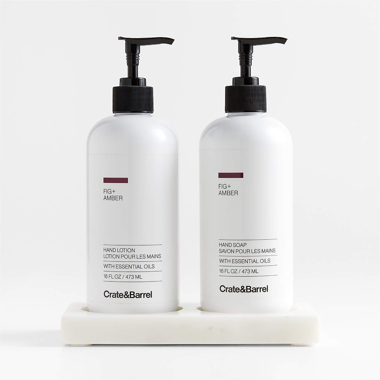 Cedar + Sage Hand Soap and Lotion Set with White Marble Caddy | Crate & Barrel | Crate & Barrel