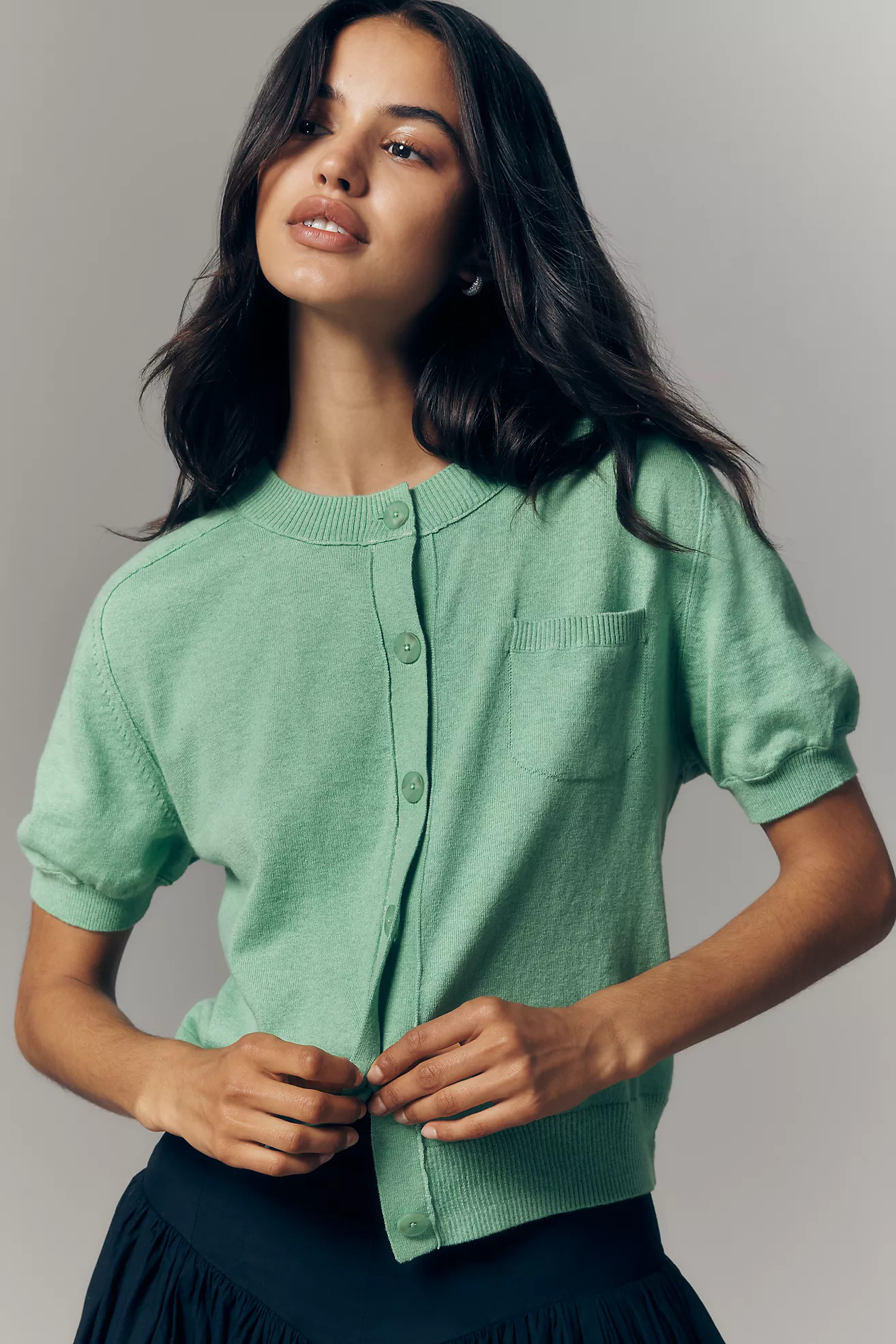 Maeve Short-Sleeve Crew-Neck Cardigan Sweater | Anthropologie (US)