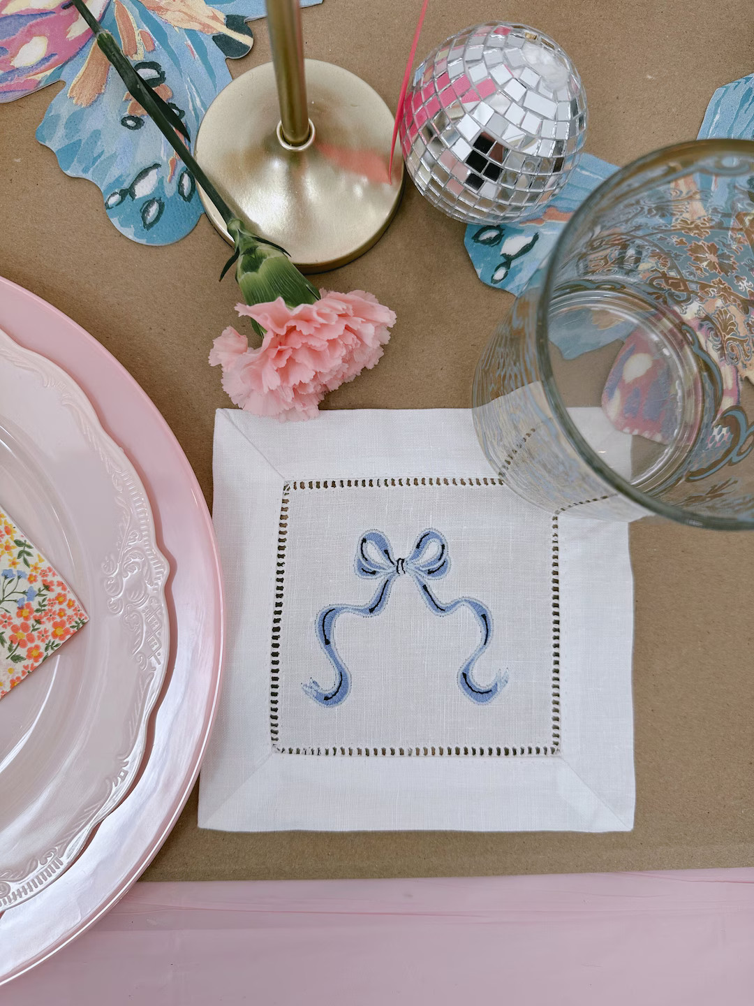 Bow Embroidered Linen Cocktail Napkins, Spring Summer Hostess Gift, Wedding Table Scape | Etsy (US)