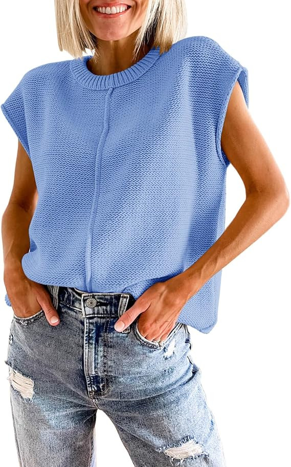 Saodimallsu Womens Summer Cap Sleeve Tops Casual Crew Neck Loose Fit Knit Lightweight Sweater Pul... | Amazon (US)