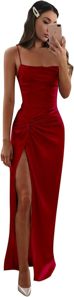 Mermaid Satin Bridesmaid Dresses for Women Wedding Spaghetti Straps Pleated Formal Evening Gown w... | Amazon (US)