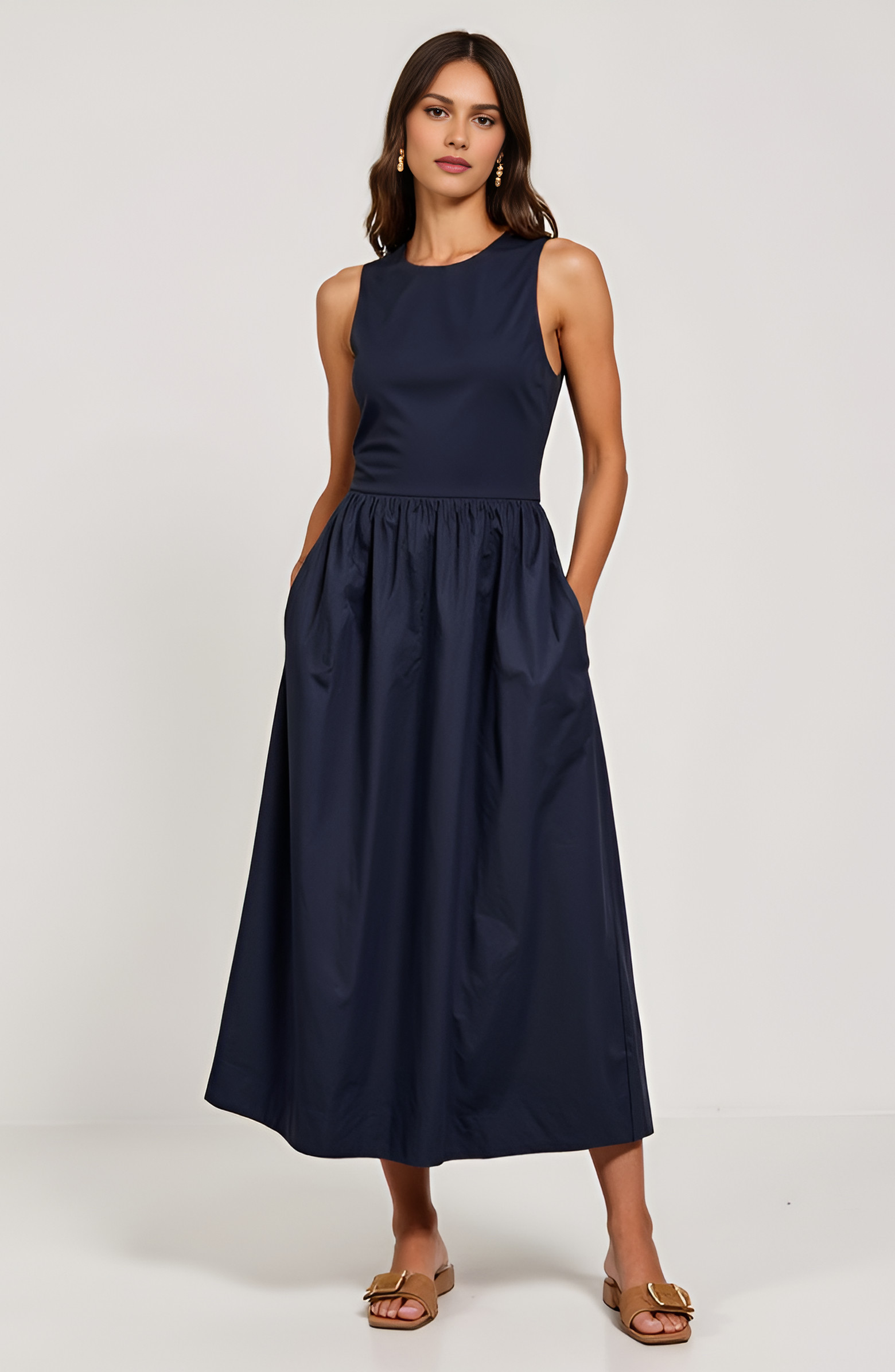 Modenaire Sleeveless Crewneck Midi Dress with Gathered Waist and Pockets | Nordstrom | Nordstrom
