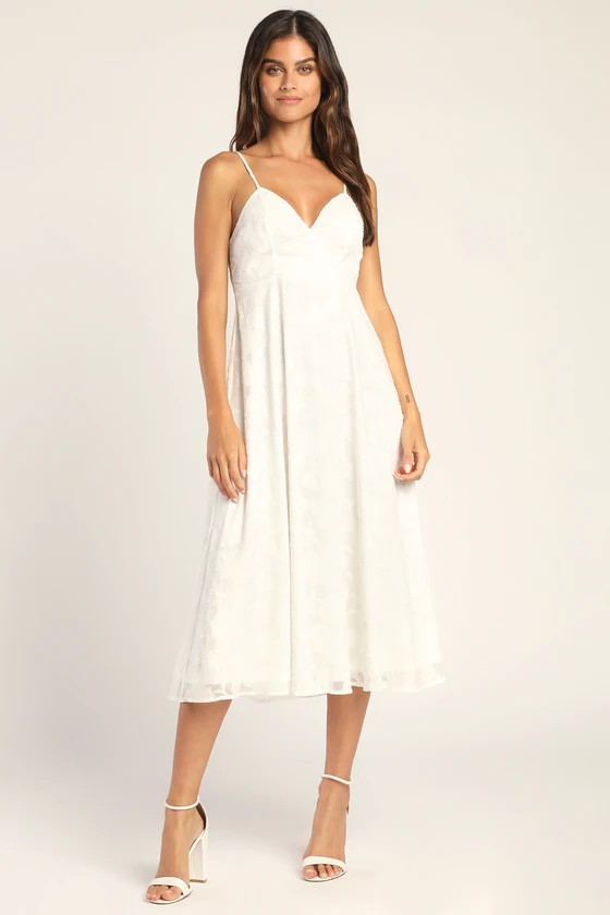 Perfectly Picturesque White Floral Burnout Surplice Midi Dress | Lulus (US)