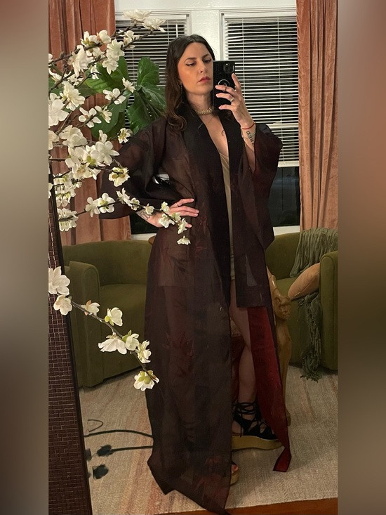 See thru mesh vintage kimono red black flower damask swimwear coverup festival | Poshmark