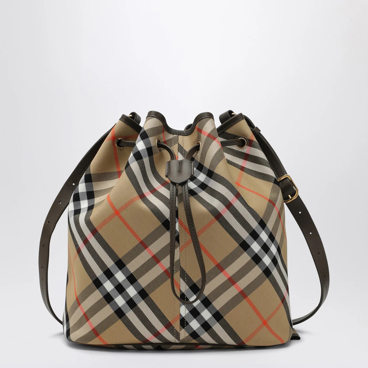 Medium beige bucket bag with Check pattern | The Double F