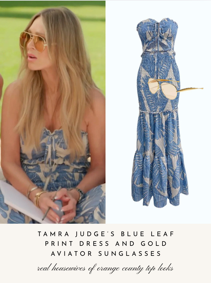 Tamra Judge's Blue Leaf Print Dress and Gold Aviator Sunglasses // Info: Tamra Judge 

 