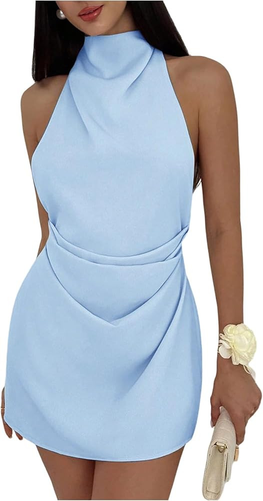 Floerns Women's Ruched Cowl Neck Halter Mini Dress Tie Backless Night Out Dresses | Amazon (US)