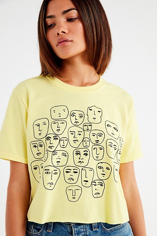 UO Faces Sketch Cropped Tee - Yellow S at Urban Outfitters | Urban Outfitters US