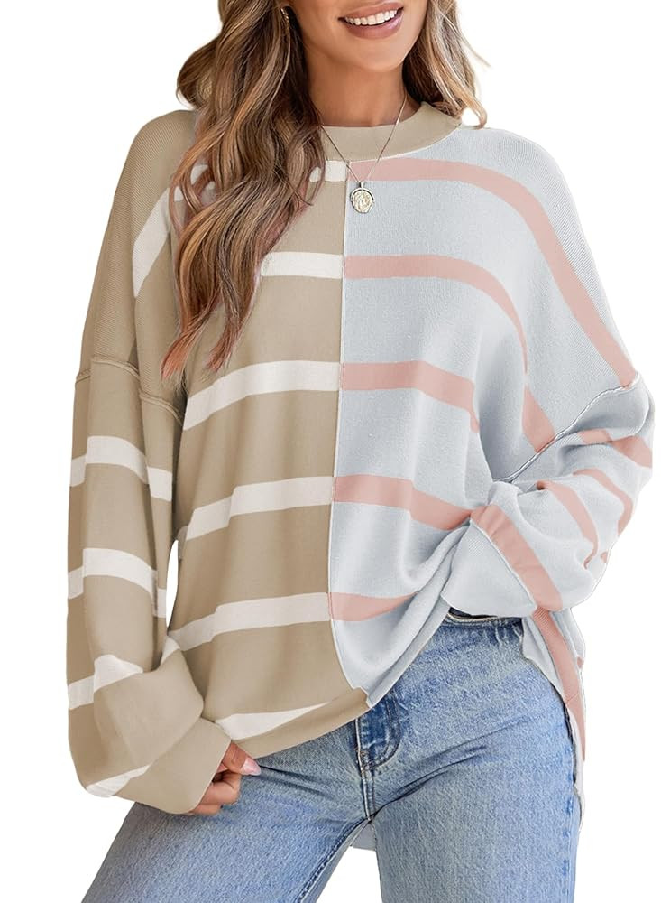 EVALESS Womens Striped Sweaters Long Sleeve Cable Knitted Color Block Casual Loose Lightweight Ov... | Amazon (US)