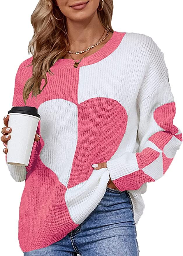 Anatoky Women Oversized Mock Neck Pullover Sweater - Long Sleeve Color Block Fall Heart Cable Kni... | Amazon (US)