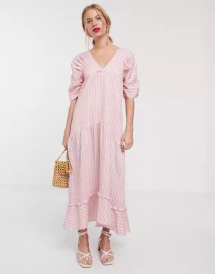 Lost Ink maxi smock dress with tiered skirt in stripe | ASOS (Global)